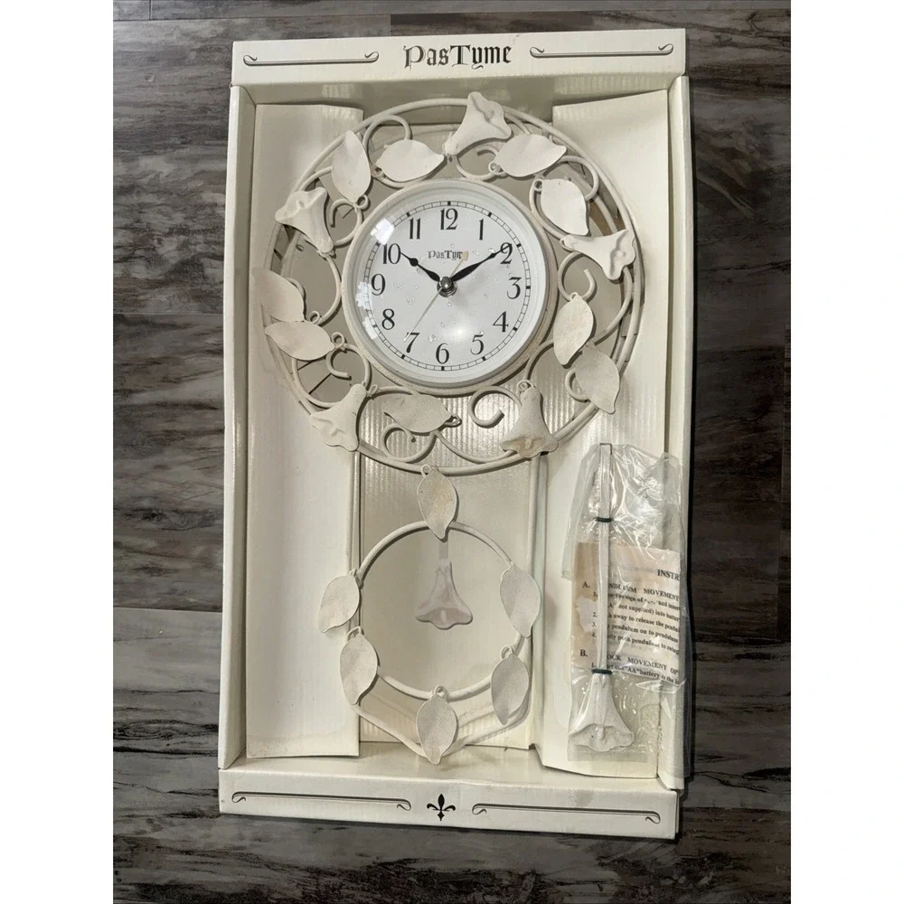 Vintage Clock hanging wall Metal Off White Pendulum Ivy Floral Cottage READ